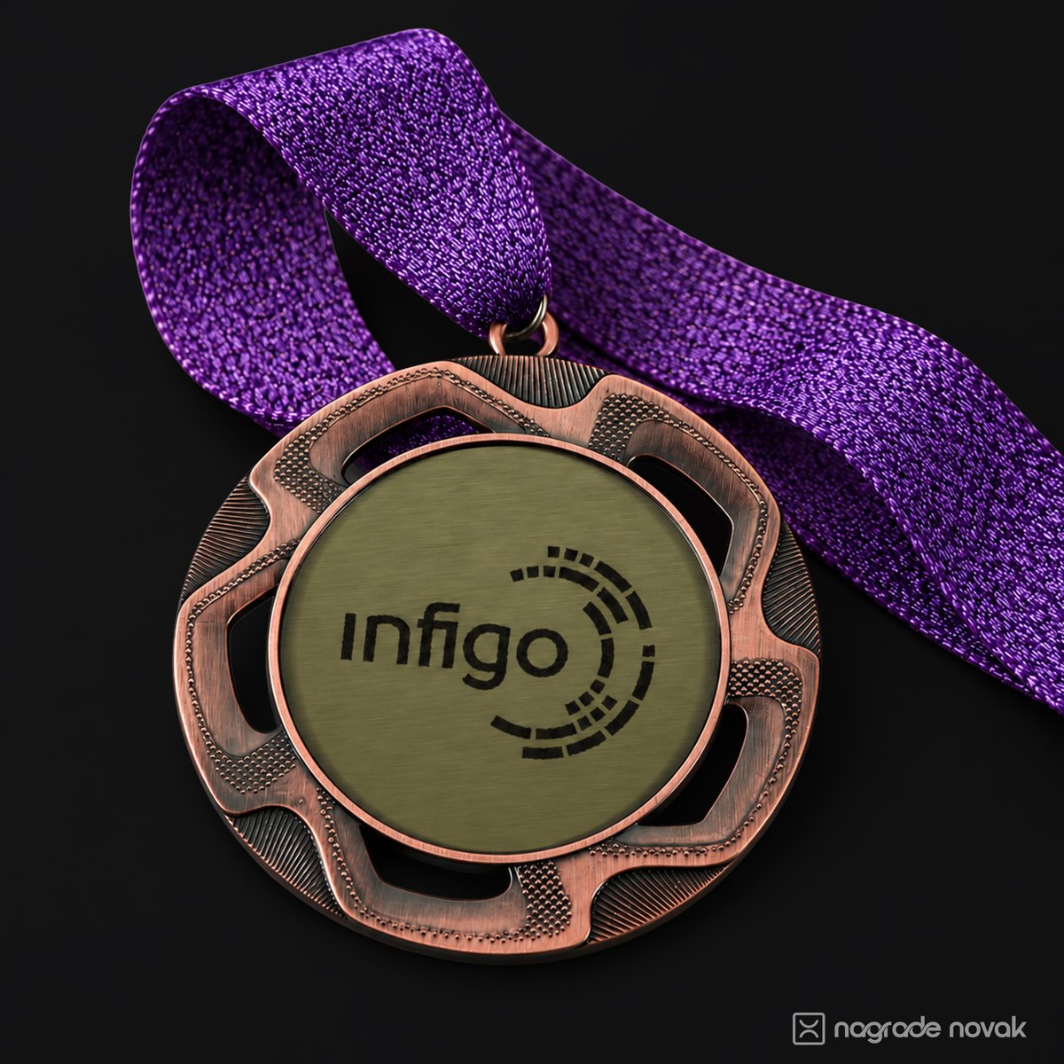 Bronze medal with the black Infigo logo on a gold insert, hanging from a purple glitter ribbon on a dark background