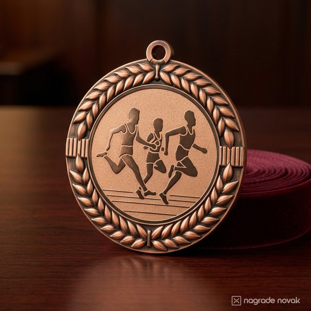 Bronze medal with a laurel wreath and three runners, standing on a dark wooden desk with a coiled maroon ribbon behind it