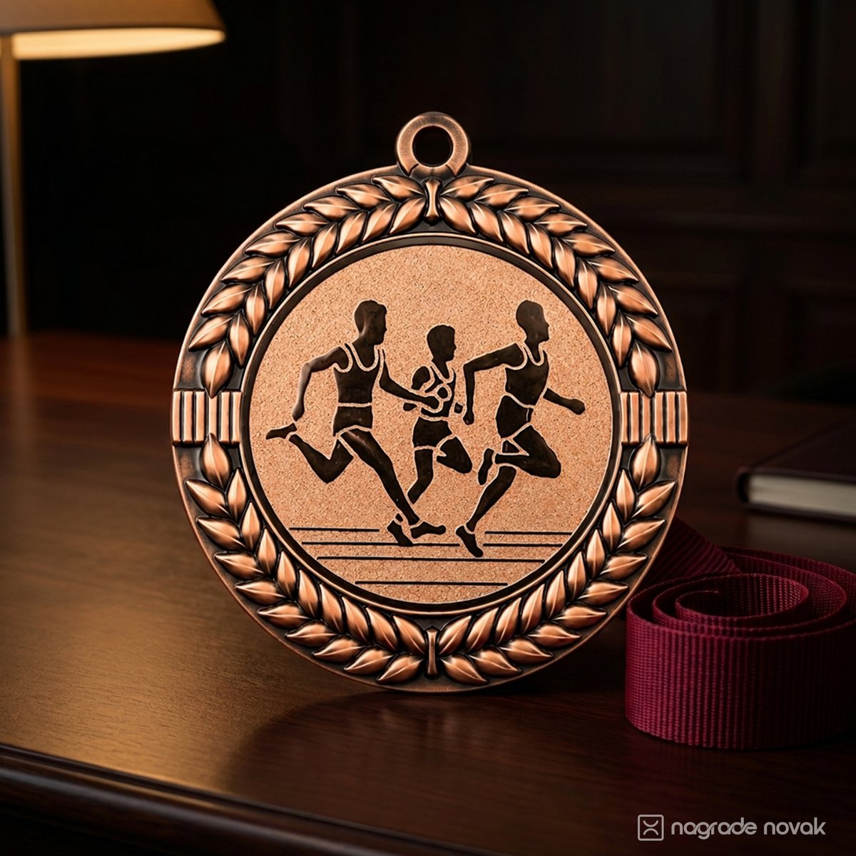 Bronze medal with a laurel wreath and three runners on a wooden desk next to a lamp and a notebook, with a maroon ribbon curled beside it