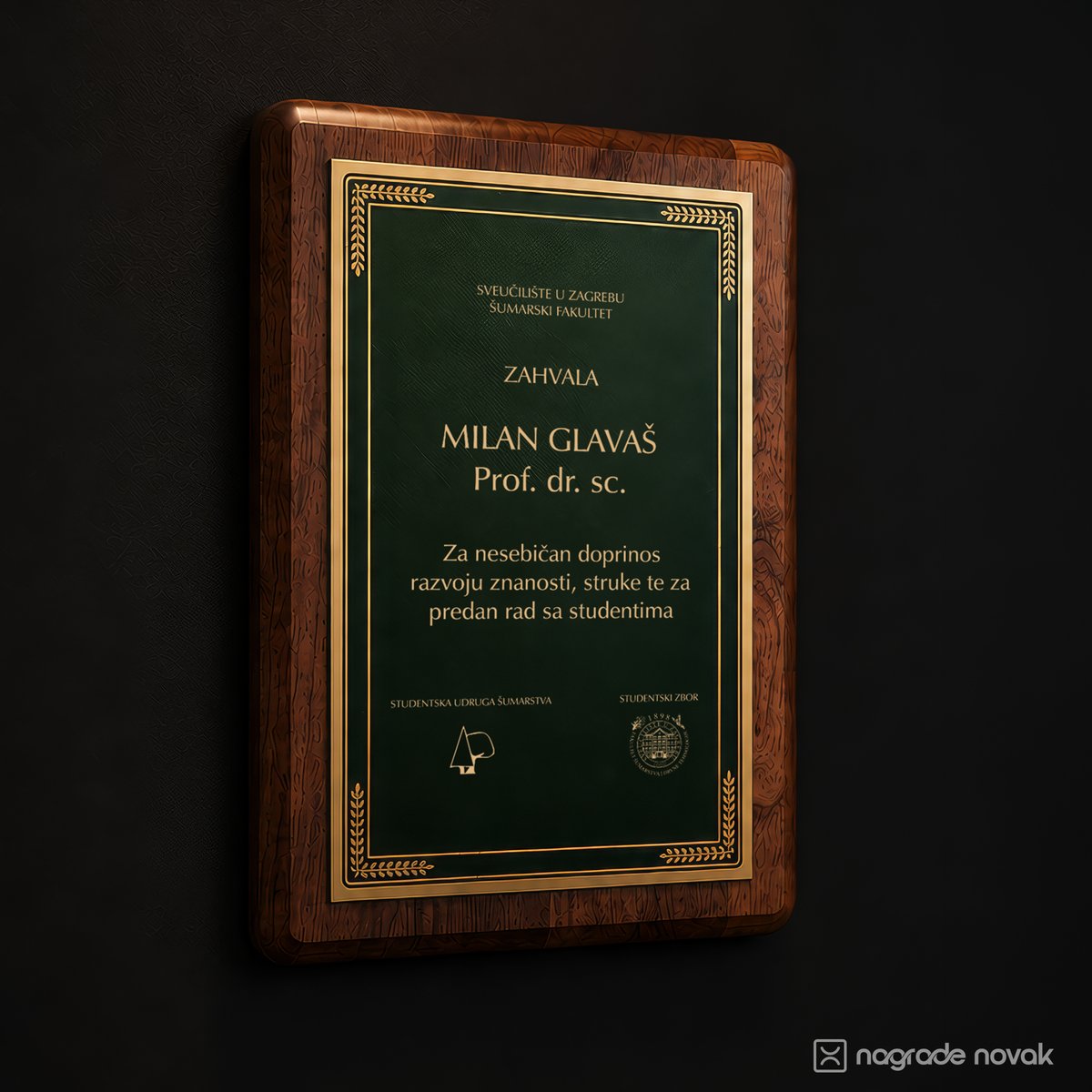 Rectangular walnut wooden plaque with a dark green plate and gold ornamental border, engraved with a certificate of thanks from a university faculty, on a dark wall