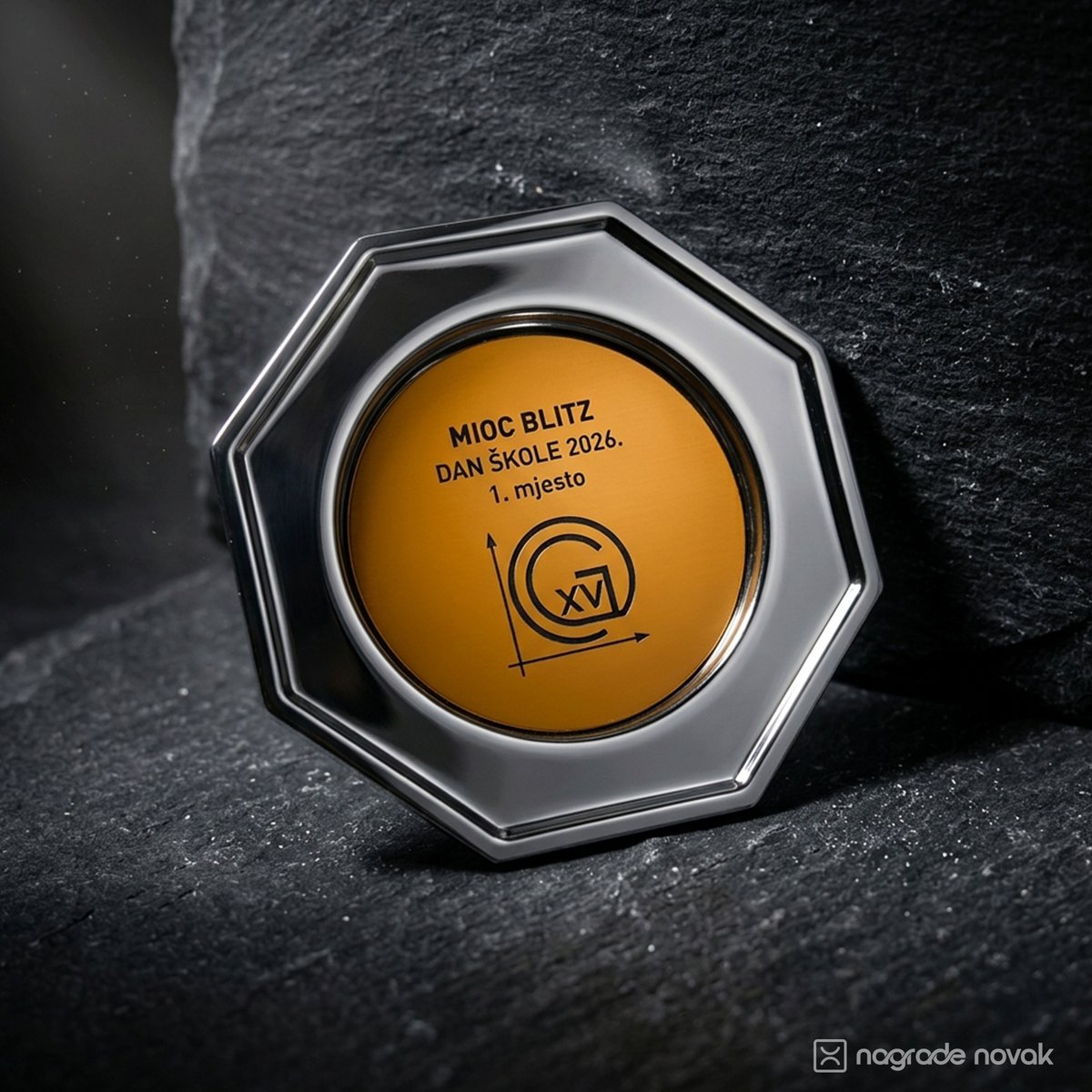 Octagonal silver plate award with a gold insert reading "MIOC BLITZ, DAN ŠKOLE 2026., 1. mjesto", leaning against dark slate rock