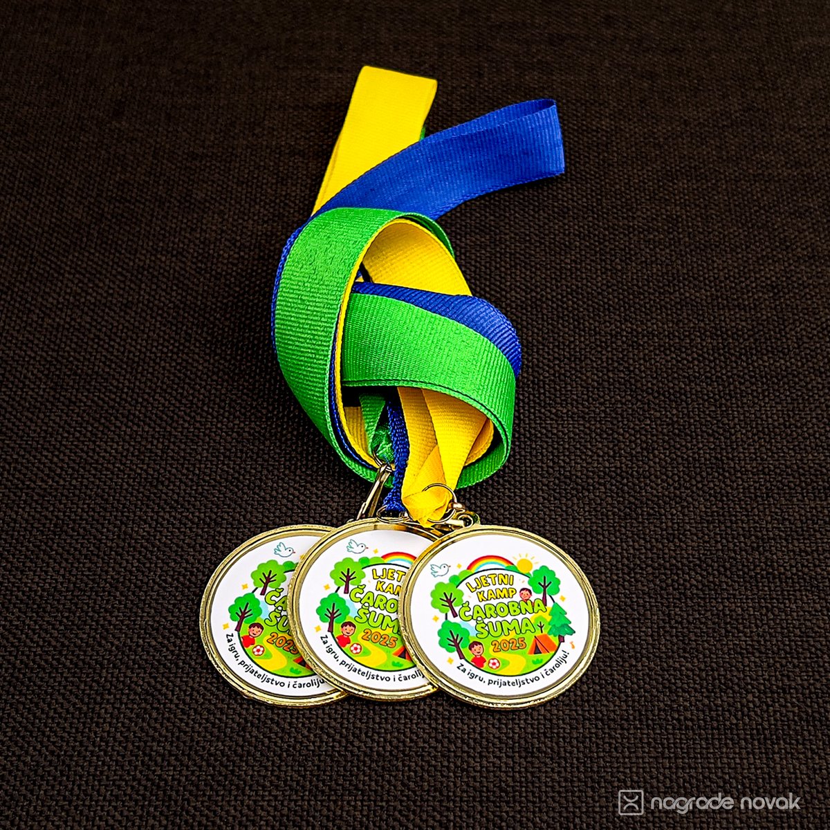 Three medals with the colourful camp insert, tied with green, yellow and blue ribbons on dark brown fabric